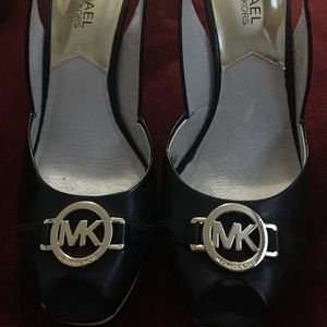 Michael Kors sling back open toe two tone wedge
